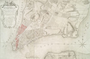 A British map of New York City, including areas burned in the 1776 fire shaded in red. (New York Public Library)