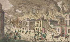An artist’s conception of the great New York fire of September 1776. (New York Public Library)